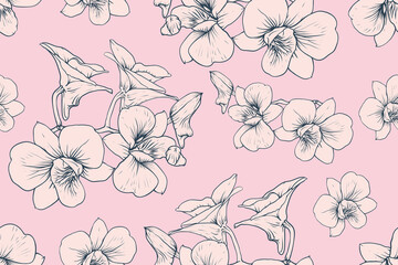 Orchid flowers seamless pattern abstract background.Vector illustration hand drawing. For Fabric, textiles, clothing, wallpaper, pattern print design.
