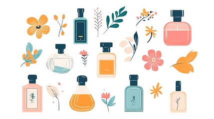 A sleek and elegant vector illustration of perfumes, featuring delicate perfume bottles with intricate designs, set against a clean white background. The design captures the essence of luxury 