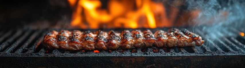Succulent barbecue meat sizzling on a grill, surrounded by flames and smoke, perfect for food lovers and culinary enthusiasts.
