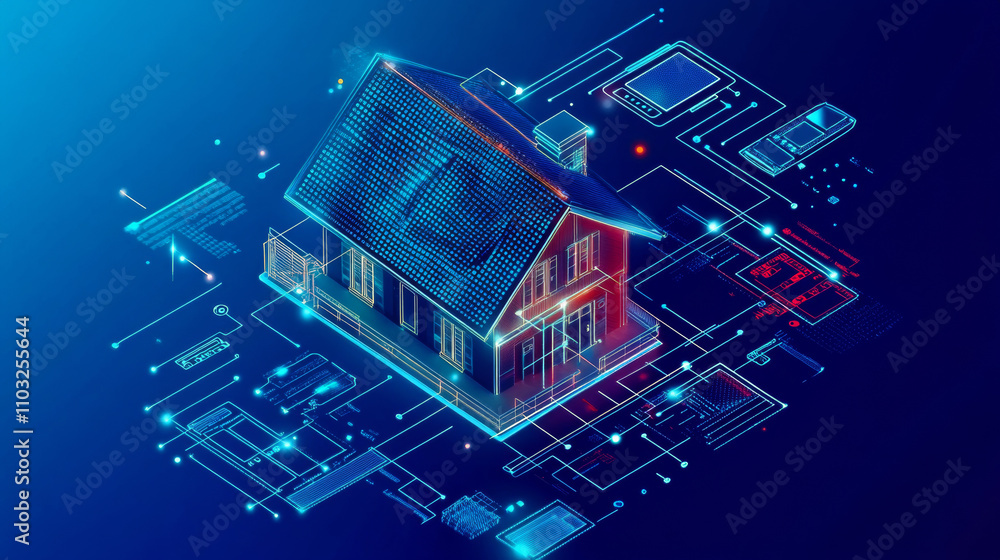 Poster smart home controlled smartphone. internet of things technology of home automation system. small hou