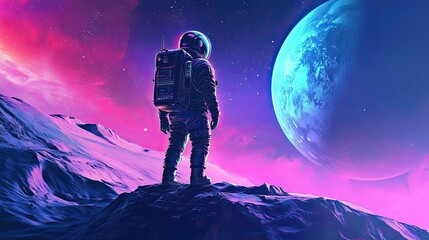 Astronaut Contemplates Alien Planet Landscape