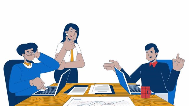 Diverse colleagues discussing cartoon animation. Coworker talking, woman leader nodding 4K video motion graphic. Female manager listening employee animated 2D characters isolated on white background