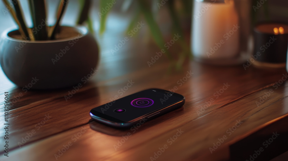 Poster smartphone with digital logo smart home stand at iot icons. smart phone controls devices of smart ho