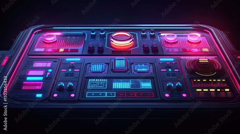 Poster futuristic neon synth control panel interface design