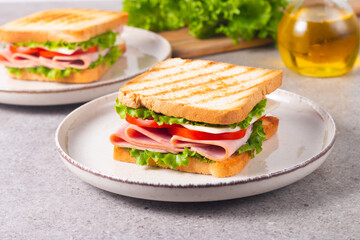 Close-up of two sandwiches with bacon, salami, prosciutto and fresh vegetables on rustic wooden cutting board. Club sandwich concept