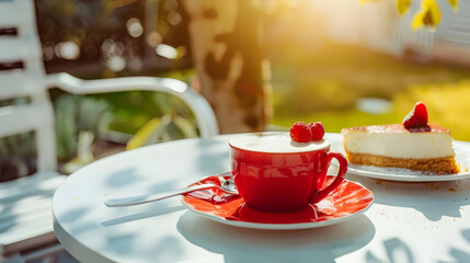 Cup of latte coffee with cheesecake on white table outside. Red cup and red cake. Sunny day. Top view.