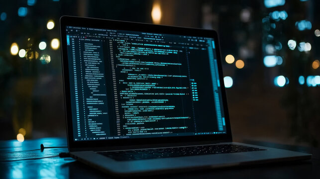Software, web development, programming concept. Abstract Programming language and program code on screen laptop. Laptop and icons company network . Technology process of Software development 






