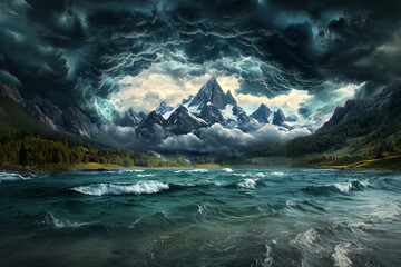 Stormy Serenity: Thunderclouds Over a Mountain Lake