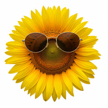Sunflowers with Sun Glasses. Isolated sunflower with sunglasses and a happy face. Beauty, Blossom, Agriculture