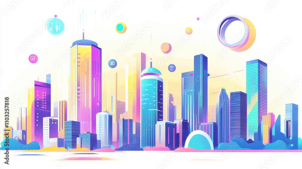Aufkleber artificial intelligence controls smart city via internet and hud interface with icons urban infrastr