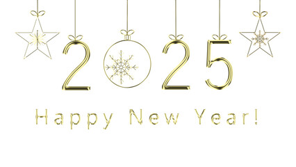 New Years's Ornaments 2025 with Alpha Channel. New Year's greetings card with gold ornaments and text, transparent PNG format.