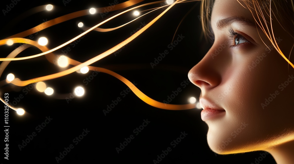 Aufkleber portrait of a woman with glowing strands of light in a dark background creating a surreal effect