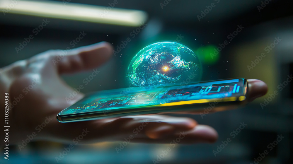 Poster mobile global internet communications. world wide web on phone via wireless satellite network techno