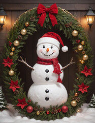 A holiday scene with a charming snowman wearing a red Santa hat, sitting inside a Christmas wreath. The wreath is decorated with green branches, gold accents, and red and gold Christmas stars. The bac