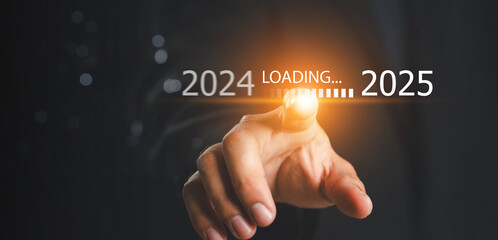 Trends 2025 year concept. trends in 2025 with a loading bar, Trends of SEO 2025, trend for marketing monitor, business planning in new year. Analytical businessman planning business growth 2025