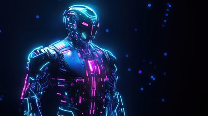 Naklejka premium Neon Lit Futuristic Robot Stands In Darkness