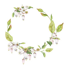Fototapeta premium Blueberry white pink bell flower and bud with green leaves on branches, hand drawn in watercolor, wildflower botanical illustration. Isolated wreath garland frame. Wedding, florist shop, scrapbooking