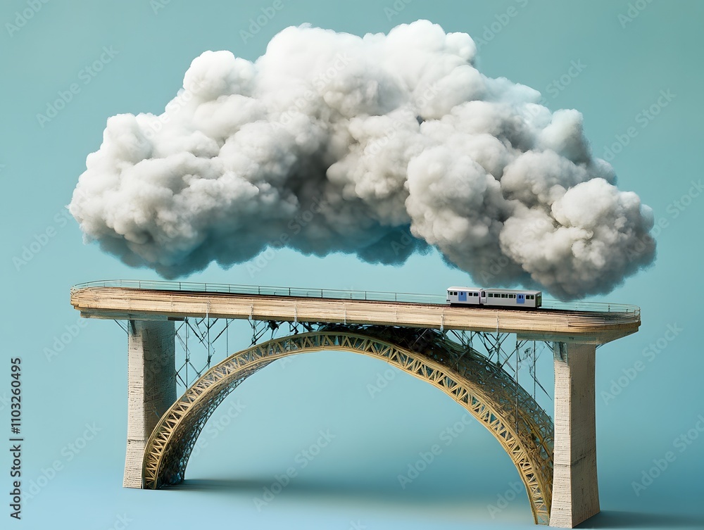 Poster a surreal bridge with a cloud above and a train, blending architecture and imagination.