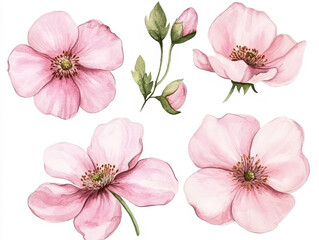 watercolour light pink flower with tufted petals collection on white background 