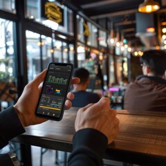 Investors checking infographic about cryptocurrency performance with detailed bar charts. Smartphone display with data visualization and icons. Stylish coffee shop atmosphere.