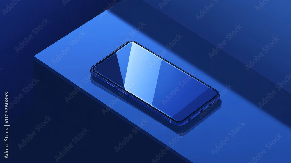 Poster modern glass smartphone hanging over the table with a smooth dark blue surface in perspective view w