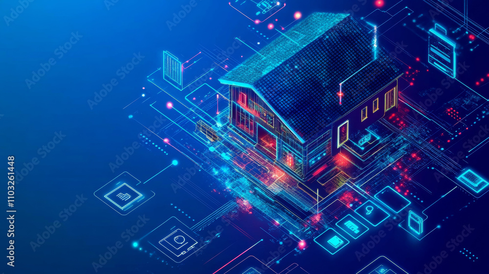 Aufkleber smart home technology conceptual banner. building consists digits and connected with icons of domest