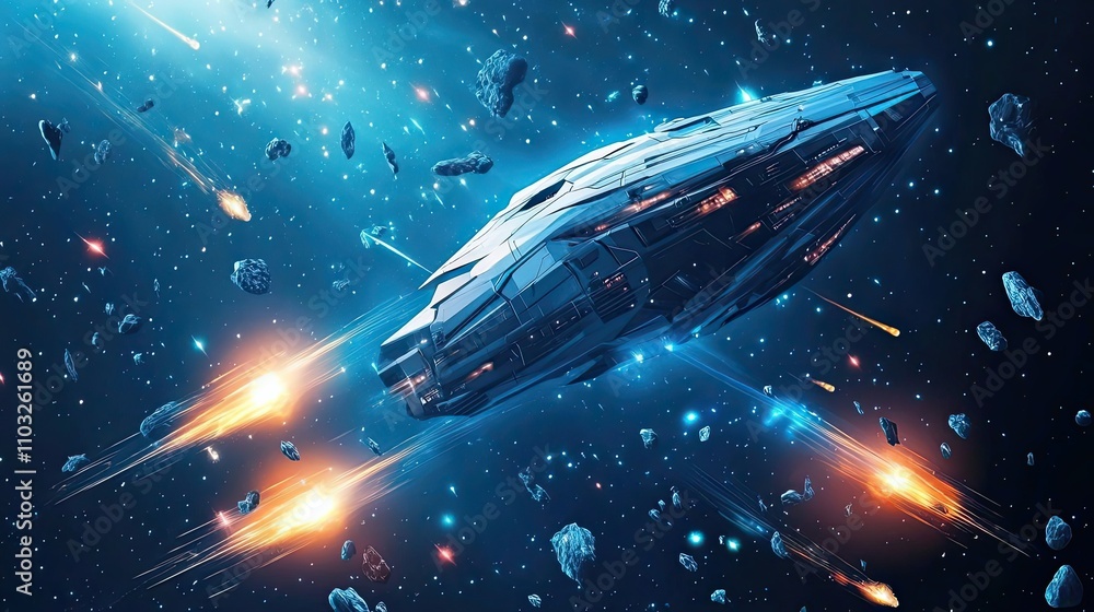 Aufkleber futuristic spaceship navigating asteroid field in deep space