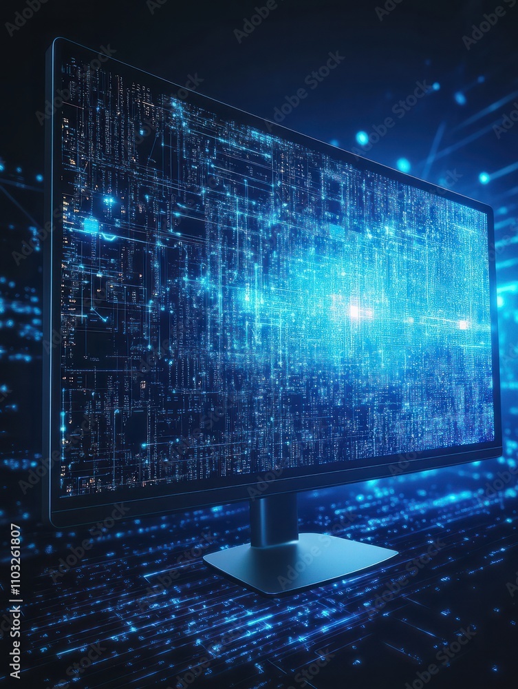 Poster abstract computer monitor on dark blue background. digital transformation concept. 3d rendering