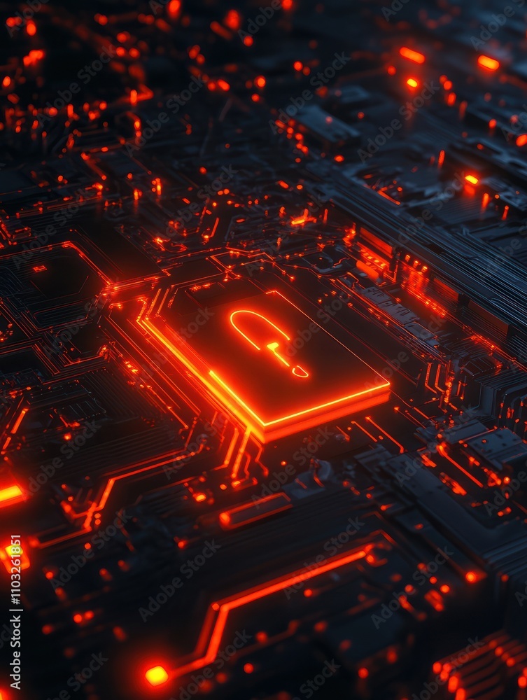 Poster abstract dark wallpaper with perspective view on glowing digital lock sign and circuit scheme. 3d re