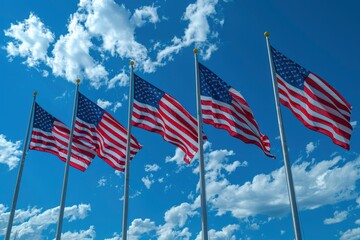 American flags fluttering in the wind. US national flag, Independence Day 4th of July. Political background, tourism, patriotism, symbol and pride of the country