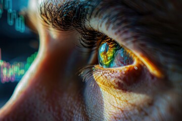 Eye of a man with glowing reflection of coin chart, exchange, coin market from monitor close-up. Modern businessman, trading, cryptocurrency, bitcoin, ether.