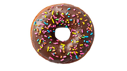 Top view of a chocolate donut with bright and colorful sprinkles, isolated on a white background, capturing its sweet and decorative appeal