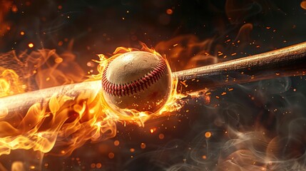 A flying baseball in a fire flame on a dark black background. Dynamic game of baseball, fast ball. Fire game. Creative baseball advertising
