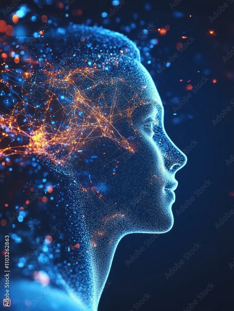 Poster abstract glowing digital profile on blue background. id and digital transformation concept. 3d rende