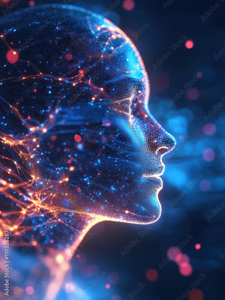 Poster abstract glowing digital profile on blue background. id and digital transformation concept. 3d rende