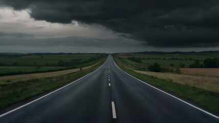 Naklejka premium A long road with a yellow field in the background. The sky is dark and stormy. The road is empty