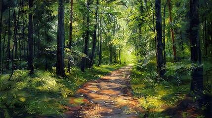 Obraz premium An illustrated forest scene with a path leading through the trees.