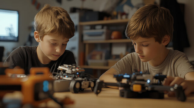 Kids learning to coding, programming in online IT school. Engineering courses in internet for talented children. Boy studying game development, robotics technology, creations program code on computer