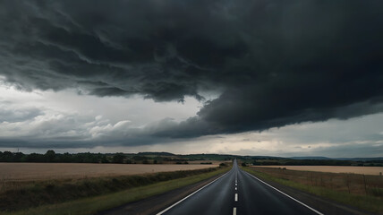 A long road with a yellow field in the background. The sky is dark and stormy. The road is empty