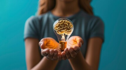 Human hands holding light bulb with a glowing brain inside on plain blue background. Creative concept idea, brainstorming, puzzle, business, design, brainstorming