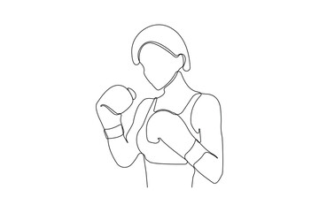 Professional boxer player one line drawing. Woman doing boxing outline vector isolated on white background.	