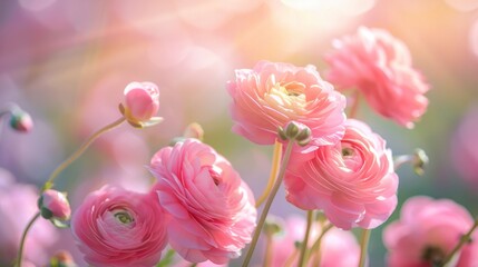 Beautiful pink ranunculus asiatica flower close up. Macro photography of ranunculus petals, delicate floral background, wallpaper