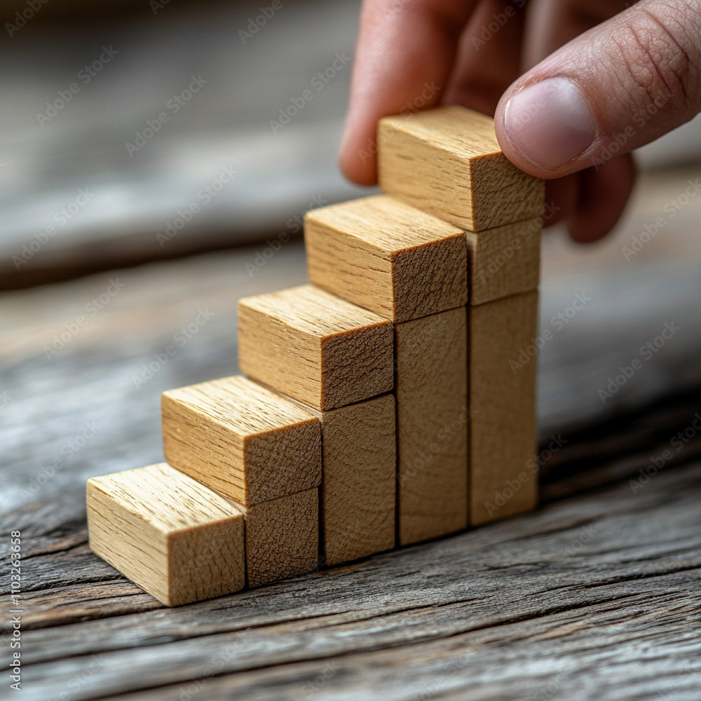Poster step-by-step progression of wooden blocks minimalist workspace conceptual learning natural light clo