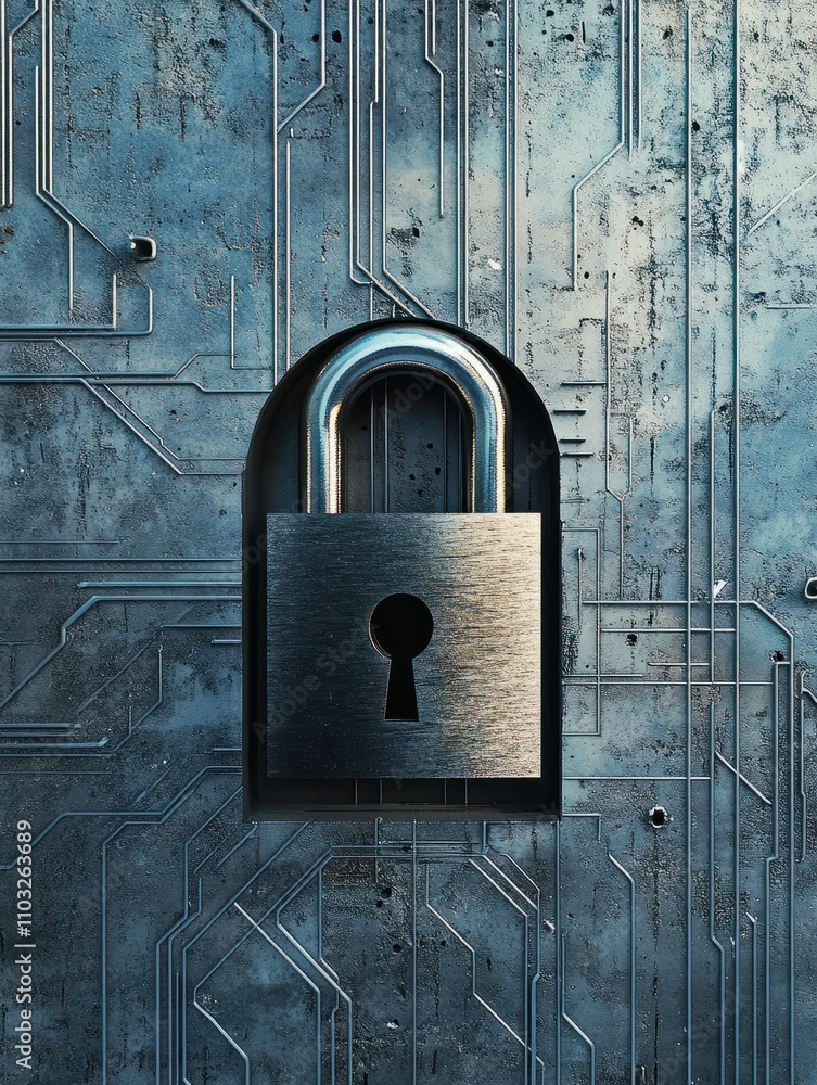 Poster abstract padlock on circuit lines in concrete interior with mock up place. privacy and technology co