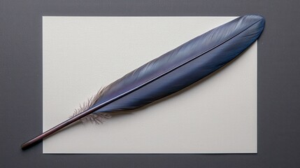 High-res image of a feather quill on blank paper, minimalist composition, symbolizing creativity and simplicity. 