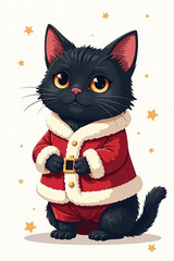 A black cat in a Santa Claus costume on a white background. 