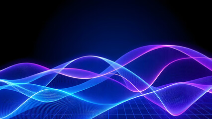 A futuristic digital background showcasing geometric waves and flowing lines, illuminated with neon blue and purple gradients against a dark, sleek backdrop, enhanced with subtle glowing grid patterns