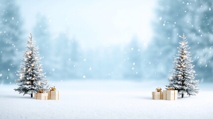 Fototapeta premium Cozy Christmas scene with two beautifully decorated Christmas trees adorned with twinkling lights and ornaments surrounded by neatly wrapped presents at the base of the trees