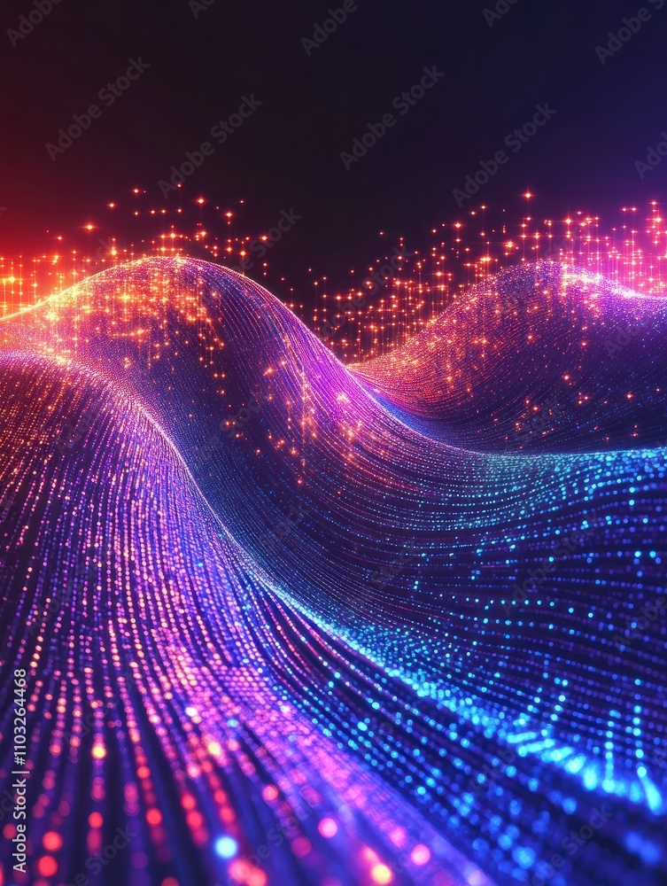 Poster abstract virtual digital stream. flowing binary code and neon glowing wave. storage cloud structure.