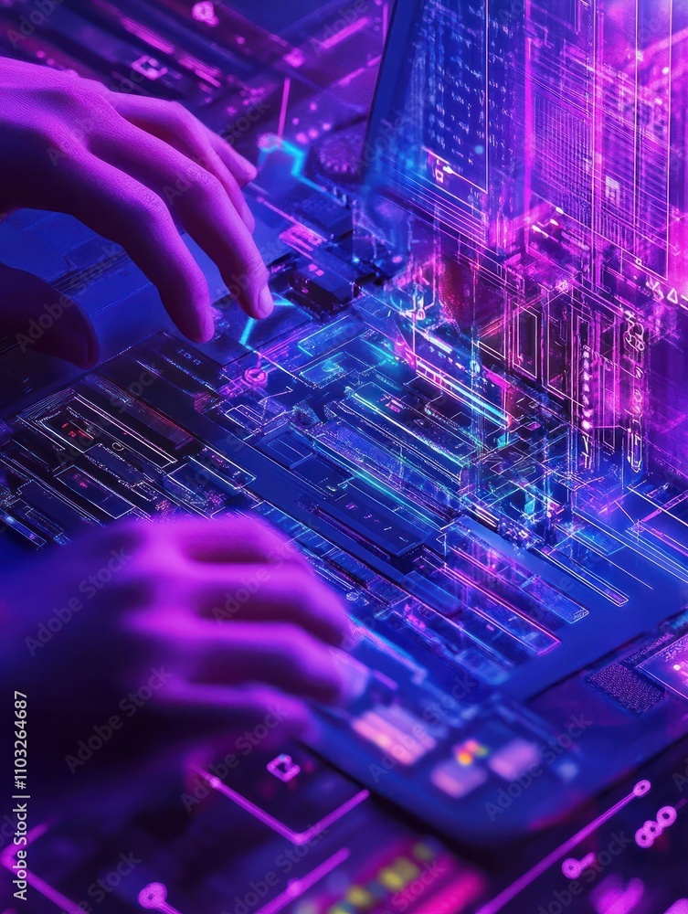 Poster analyst working at laptop with automation process. business process automation, business process wor